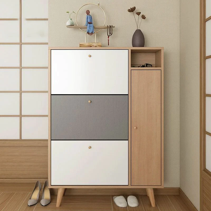 SHC-006-Shoe Cabinet - White, Beige, and Gray with Beech Wood Legs - 80×115×35 cm