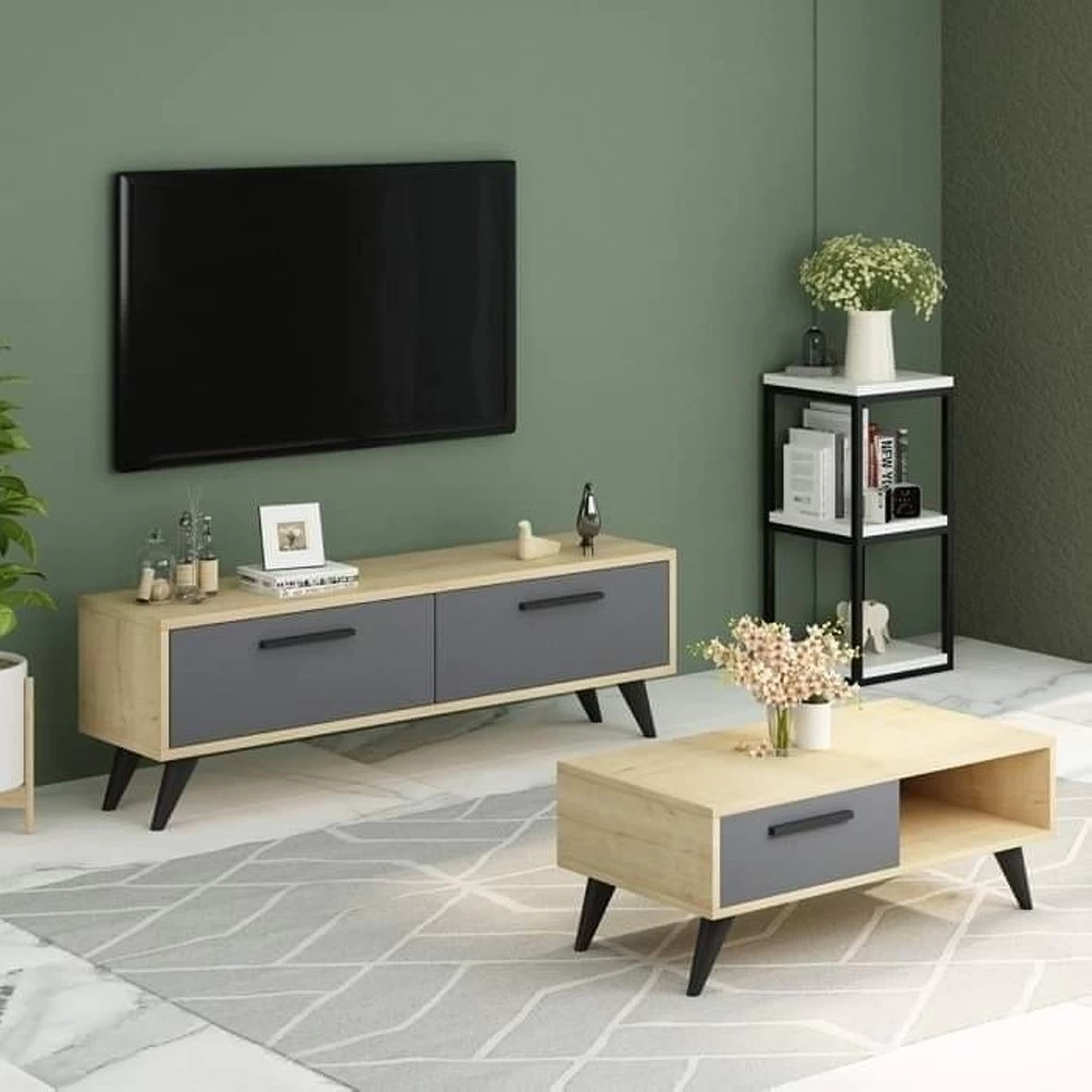 TV Unit & Coffee Table Set – European Wood – 2 Pieces – Beige & Grey-TVU-001