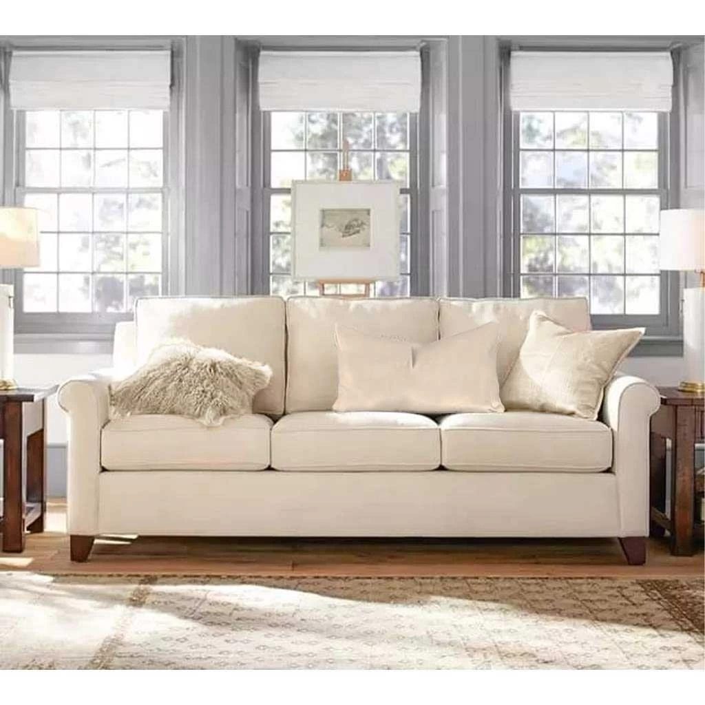 كنبة بثلاثة مقاعد خشب زان طبيعي وقماش قطيفة - اوف وايت