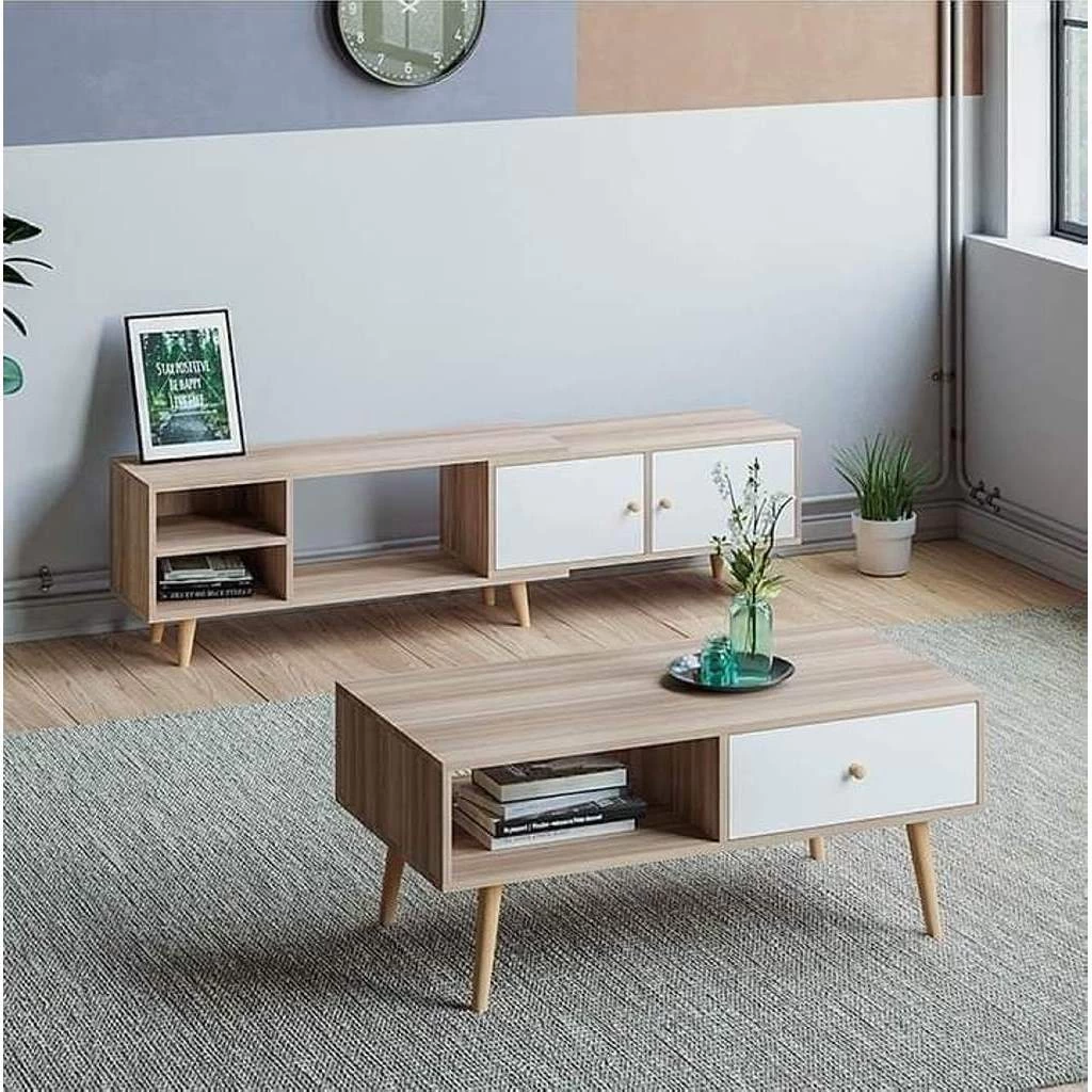 European Union wood TV unit and coffee table Set 2 Pieces - Beige and White-TVU-005