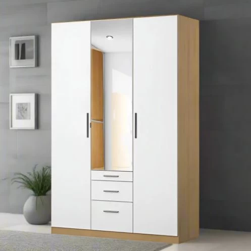 Door Wardrobe - White and Beige with Mirror - 210×120×50 cm