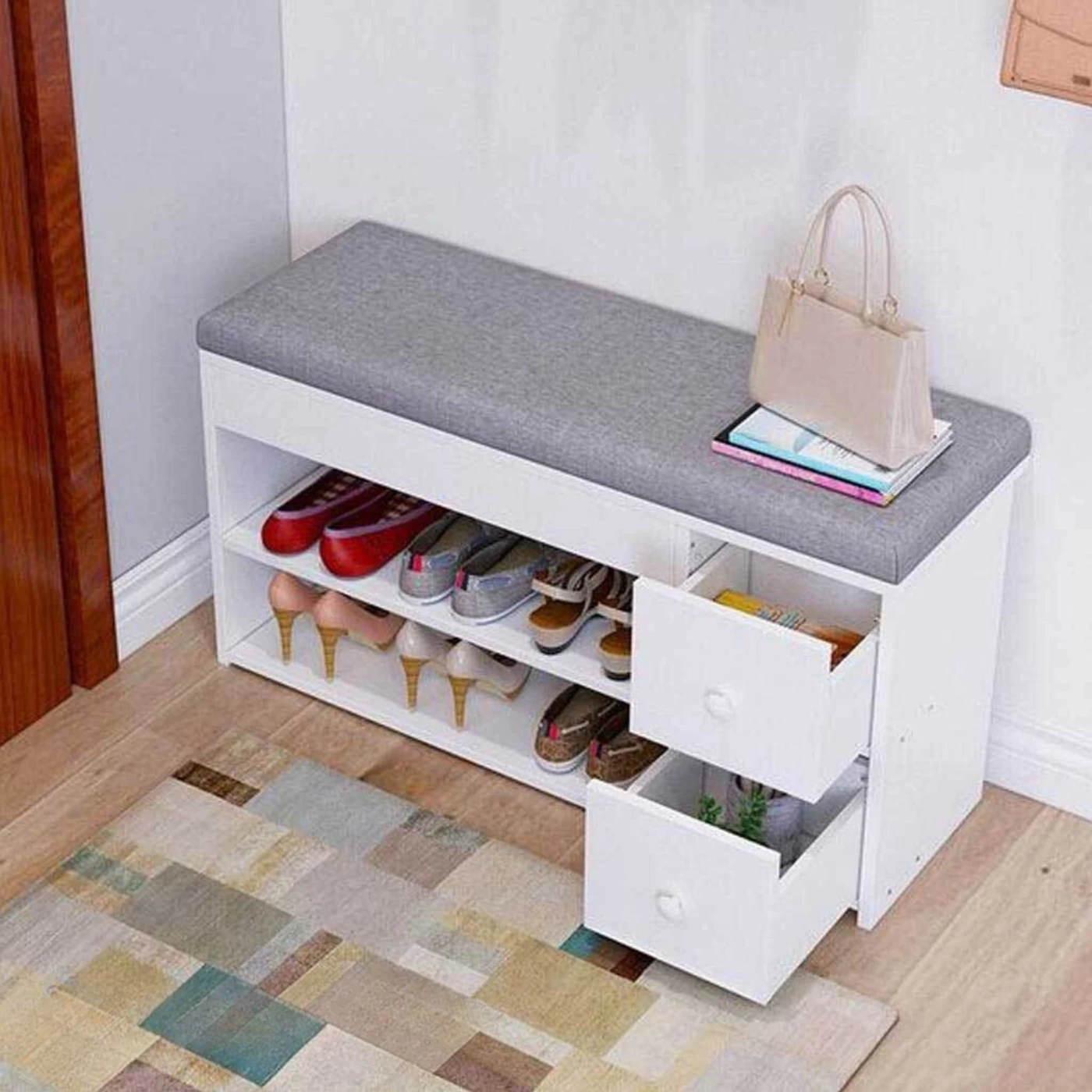 Shoe Cabinet with Seat, 2 Shelves + 2 Drawers – 50 × 100 × 30 cm – SHC-031