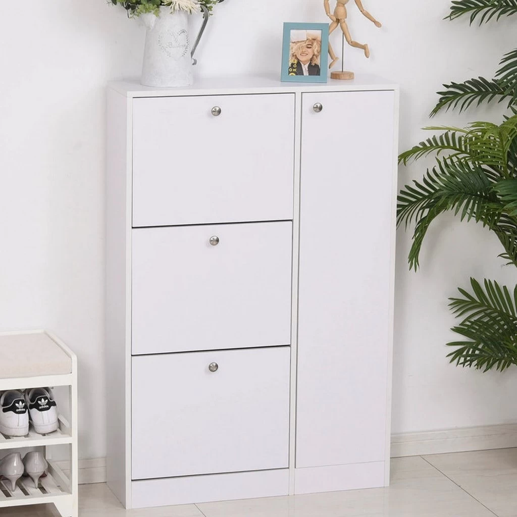 "White Shoe Cabinet (1 Door and 3 Drawers) - 120 × 40 × 90 cm - SHC-035"