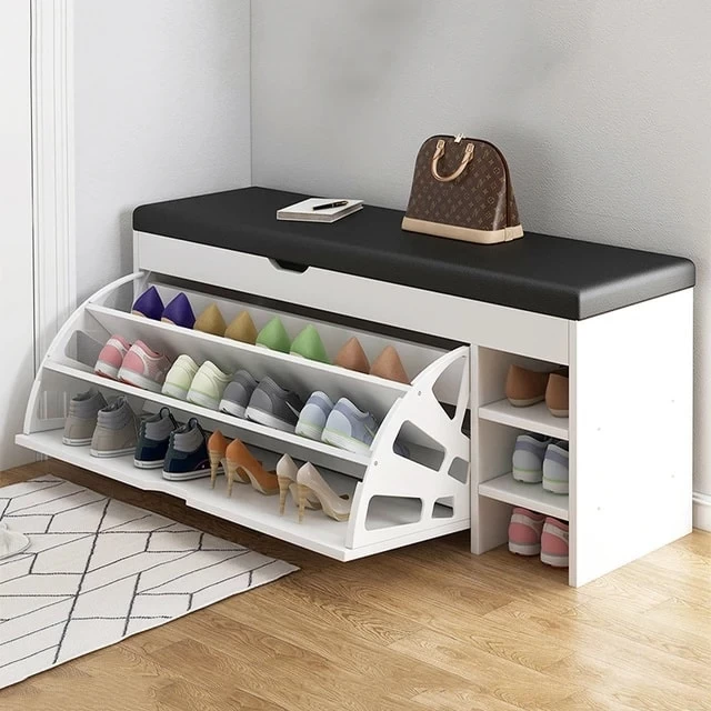 Shoe Cabinet - White - with Black Leather Seat - SHC-036