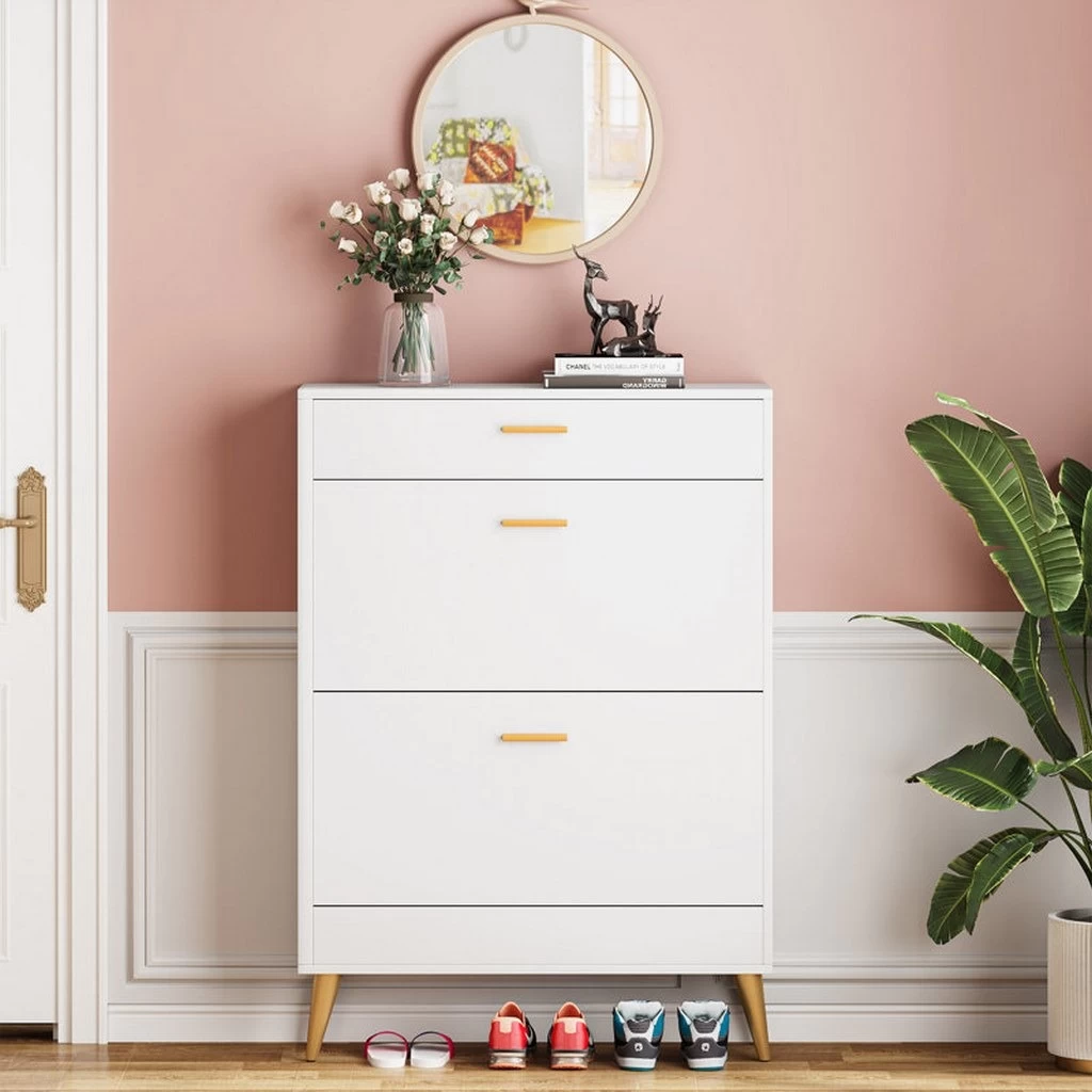 "Shoe Cabinet - White - 2 Flap Drawers and 1 Standard Drawer - 110 × 40 × 80 cm - SHC-047"