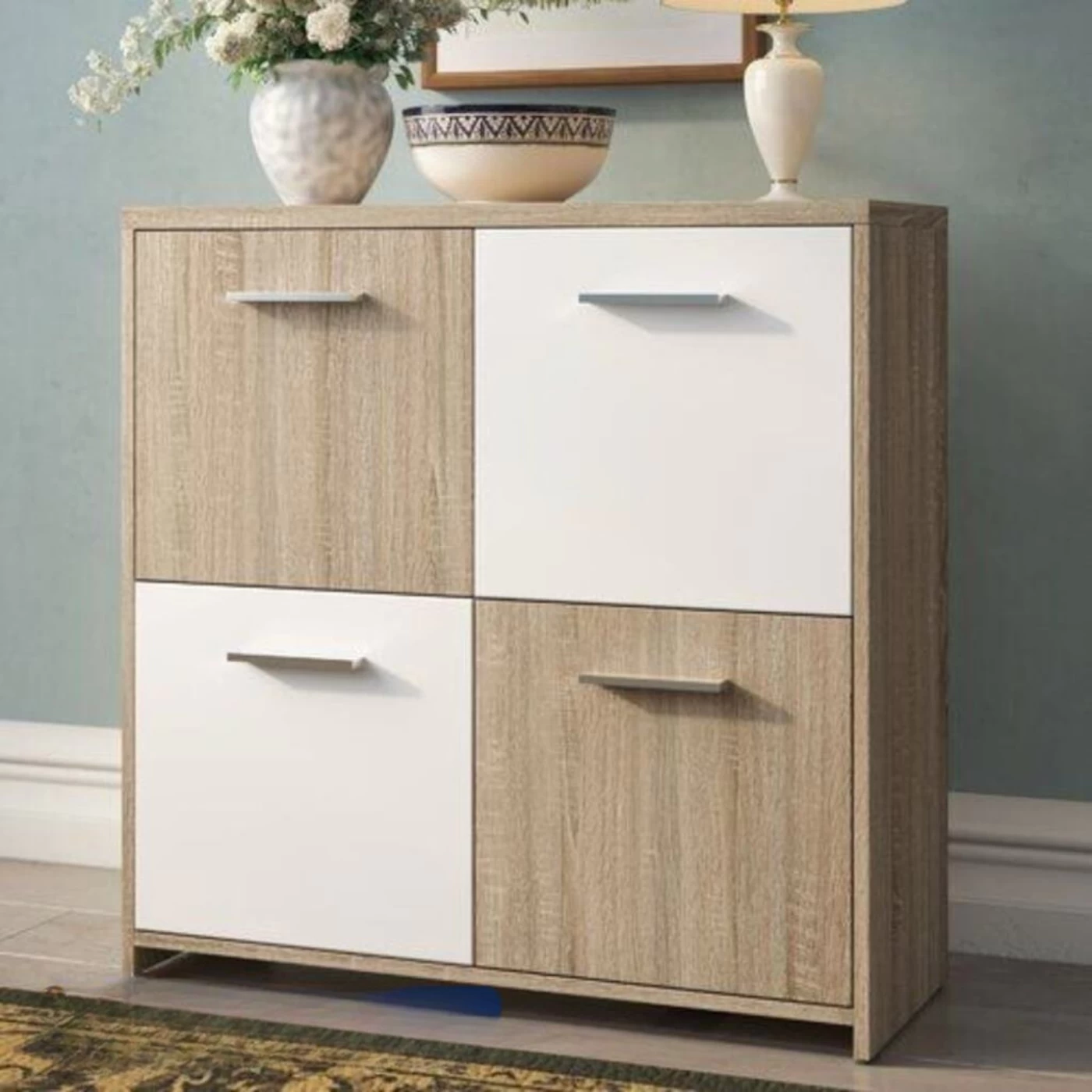 "Shoe Cabinet - White and Oak Veneer - 80 cm Width - SHC-050"