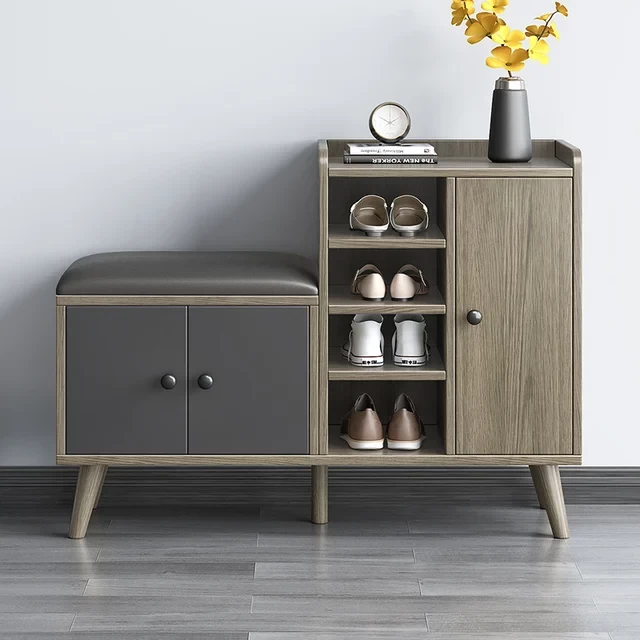 Shoe Cabinet - Beige and Gray with Seat - 120×100×35 cm-SHC-082