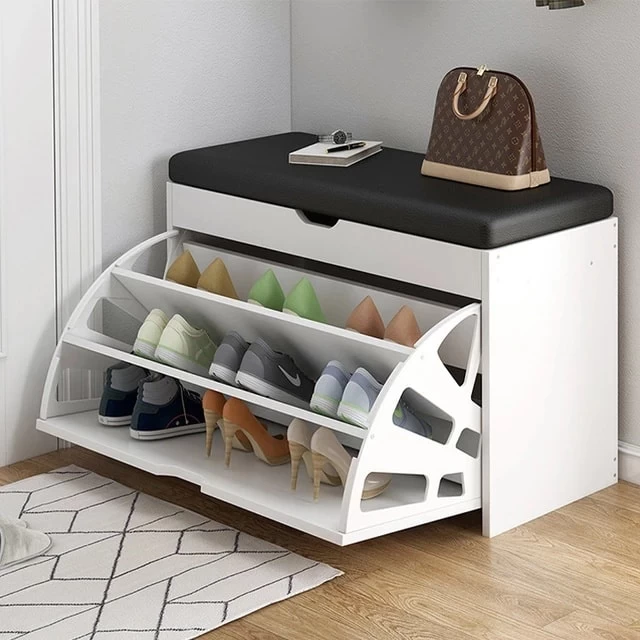 Shoe Cabinet with Seat - White - Black Leather Seat - 60×55×35 cm-SHC-084