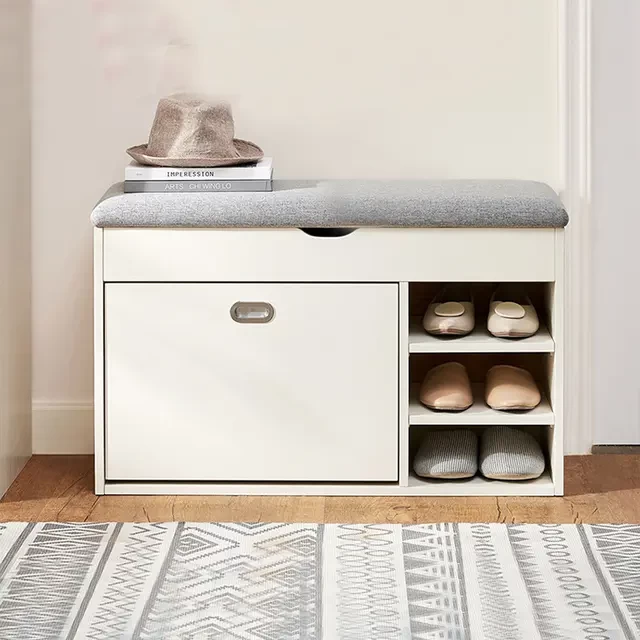 Shoe Cabinet with Seat - White with Gray Seat - 80×55×35 cm-SHC-094