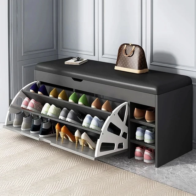 Shoe Cabinet - Gray with Black Leather Seat - 105×55×35 cm-SHC-095