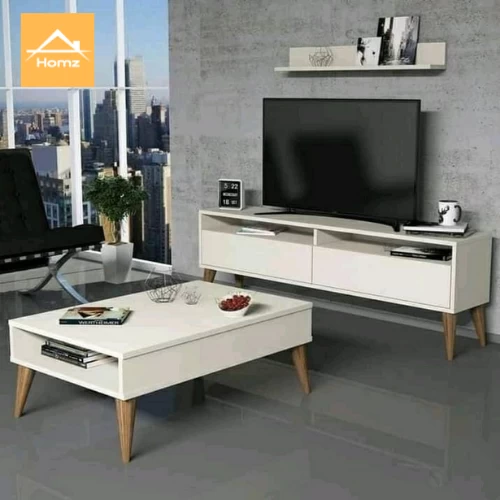 TV Stand and Coffee Table Set - White and Beige with Beech Wood Legs-CFTW-029