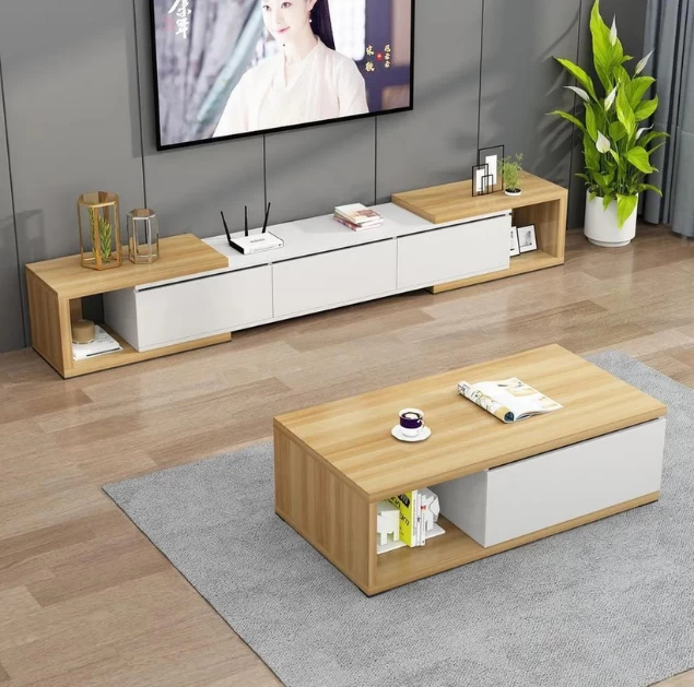 TV Stand and Coffee Table - White and Beige-TVU-021
