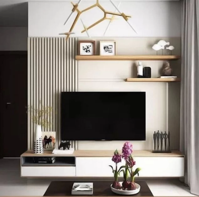 Wall-Mounted TV Stand - White and Beige - 180x35x35cm-TVU-027