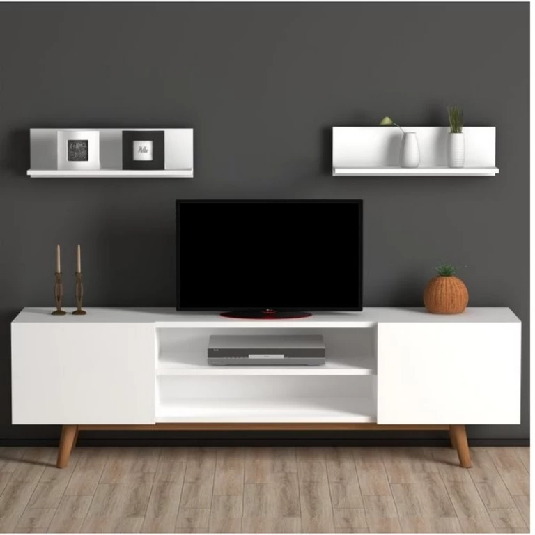 TV Stand - White with Brown Legs - 150x30x40 cm-TVU-041