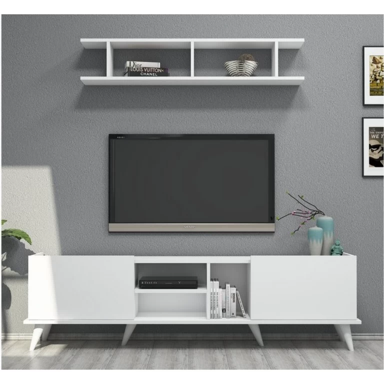 TV Stand - White - 180x34x52 cm - Beech Wood Legs-TVU-042