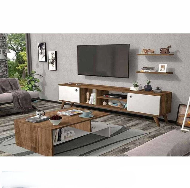 TV Stand and Coffee Table Set - Brown and White-TVU-043