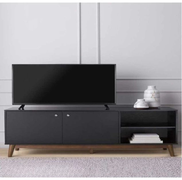TV Stand - Black with Brown Beech Wood Legs - 160x55x30 cm-TVU-054