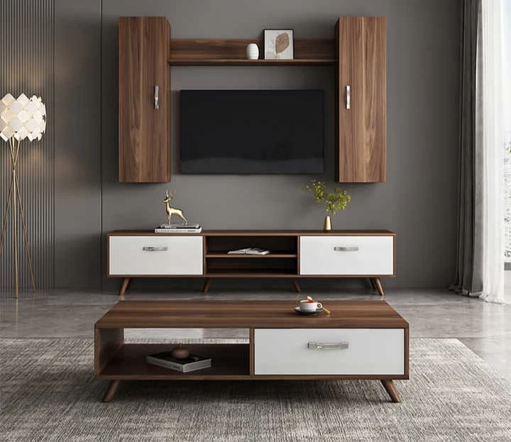 TV Stand with Coffee Table and Shelving Unit - White and Brown-TVU-078