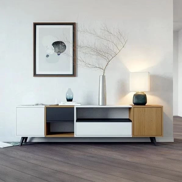 TV Stand - White and Beige with Black Beech Wood Legs - 180×55×40 cm-TVU-082
