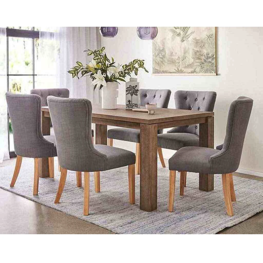 Modern Dining Set - 7 Pieces - Red Beech Wood and Linen Fabric - Brown and Black