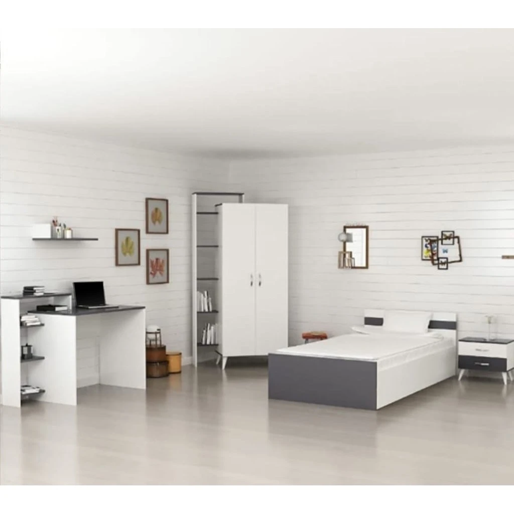 Kids Bedroom Set - MDF Wood - 3 Pieces - White and Gray