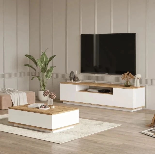TV Stand and Coffee Table Set - White and Beige-TVU-084