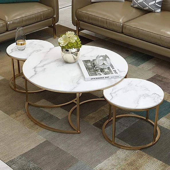 Coffee Table Set - Three Gold Steel Pieces with Marble-CFTS-003