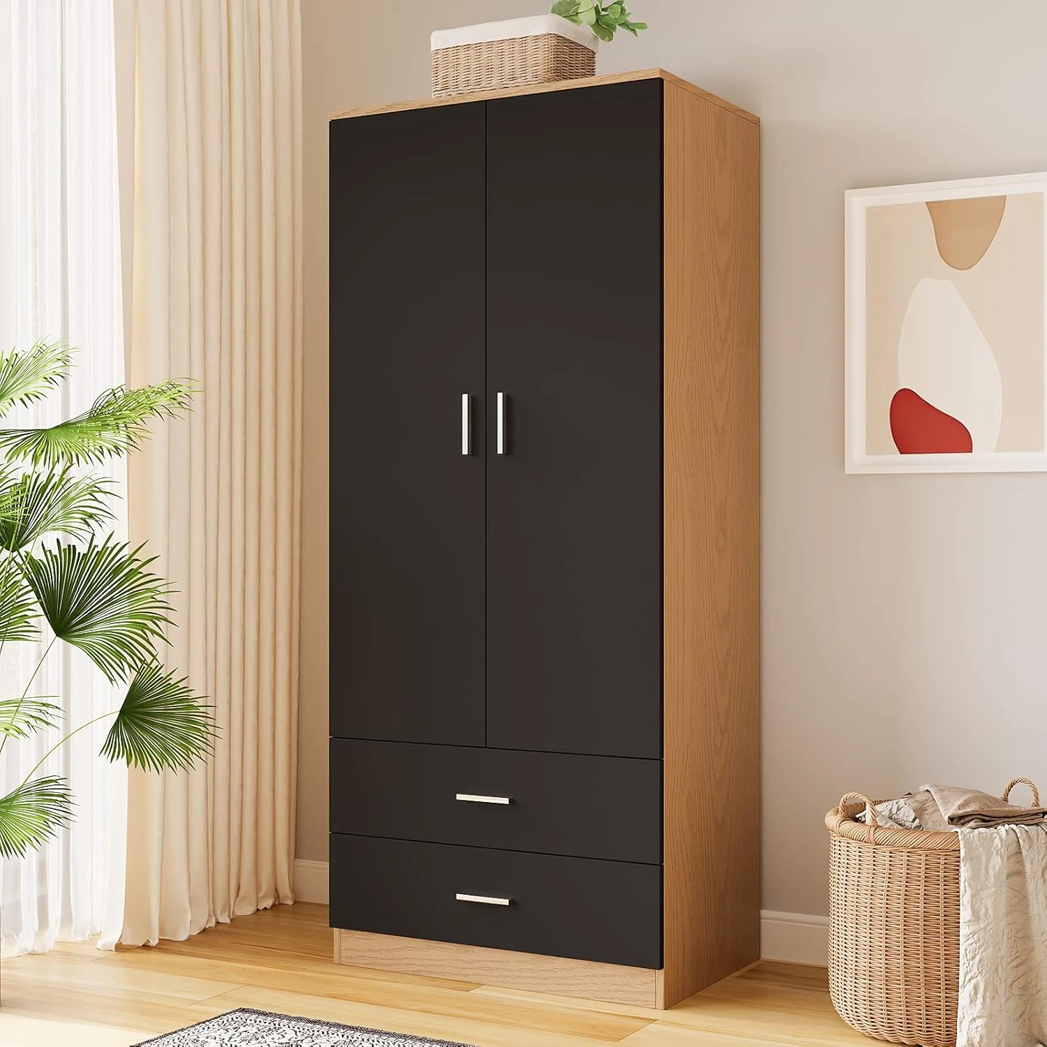 Wardrobe with 2 Doors and 2 Drawers - Black and Beige