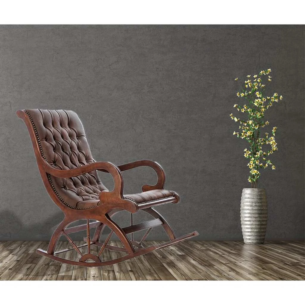 Rocking Chair - Red Beech Wood with Brown Leather Upholstery and Capitonné Desig