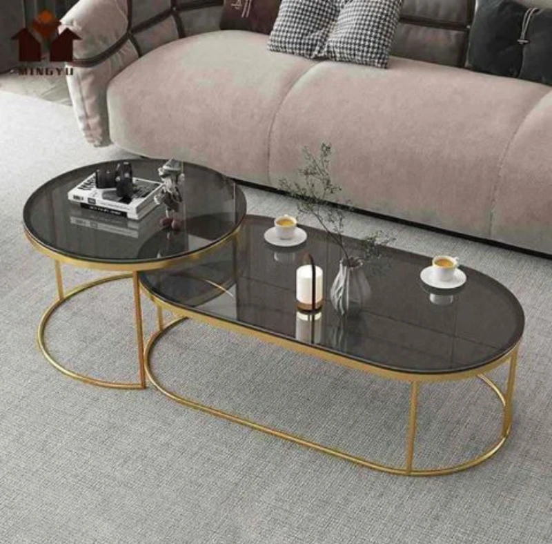 Coffee Tables Set - Smoky Glass and Gold Steel - 2 Pieces-CFTS-003