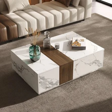 Coffee Table - Marble-Look Melamine Top & Brown Accent - 100x50x35 cm-CFTW-051