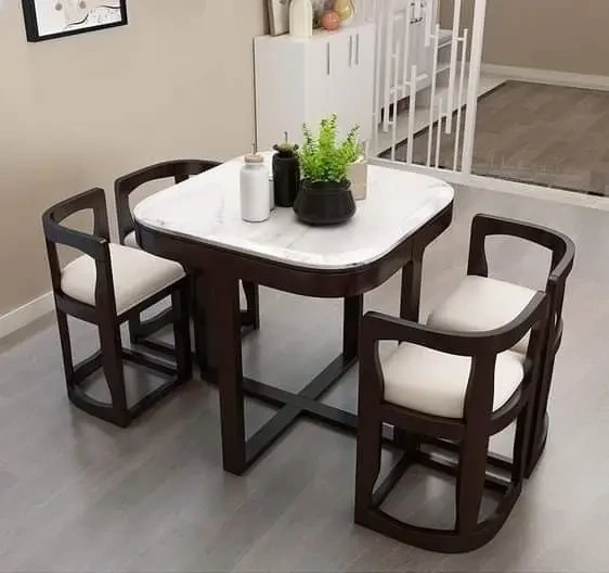 5-Piece Dining Table Set - Beech Wood - Black with Marble Finish - Space-Saving