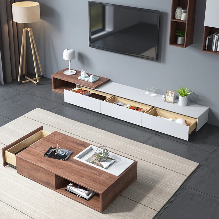 TV Stand & Coffee Table Set - White & Brown - 220×35×30 cm / 110×55×35 cm-TVU-085