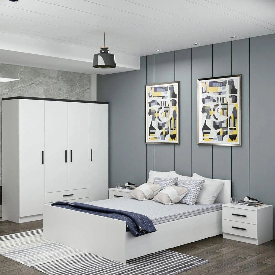 Bedroom Set - 4 Pieces - White with Black Handles