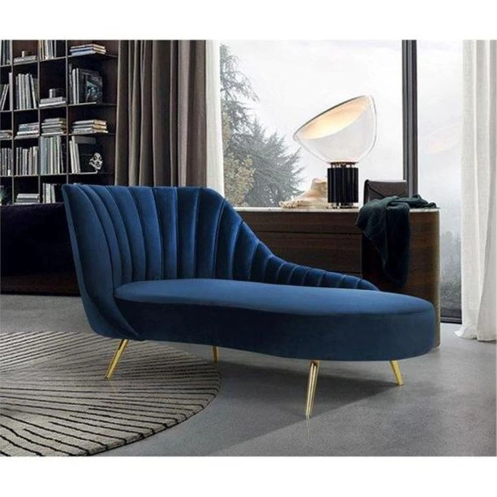 Chaise Lounge - Red Beech Wood & Velvet - Blue & Gold