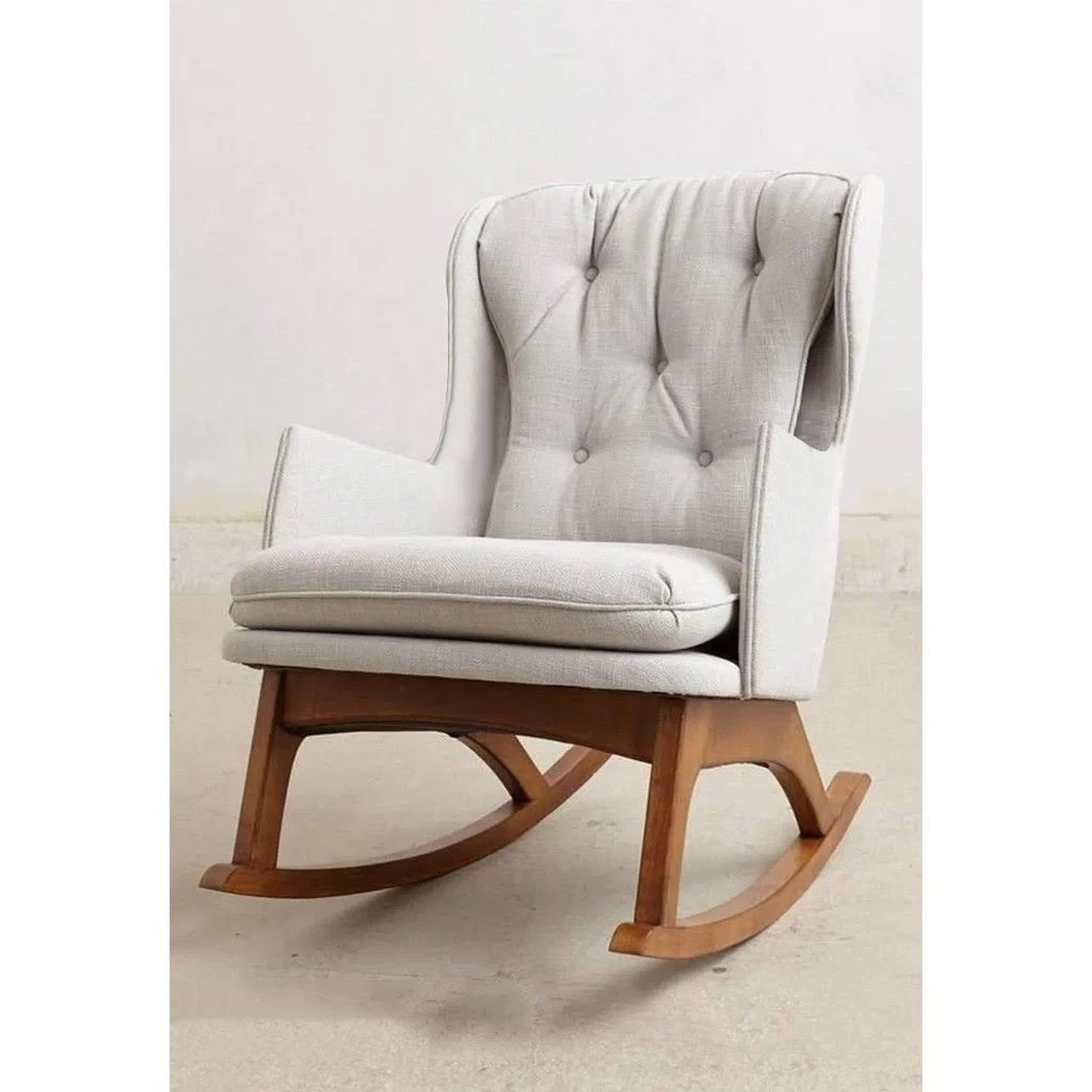Rocking Chair - Red Beech Wood & Velvet - Beige & Brown