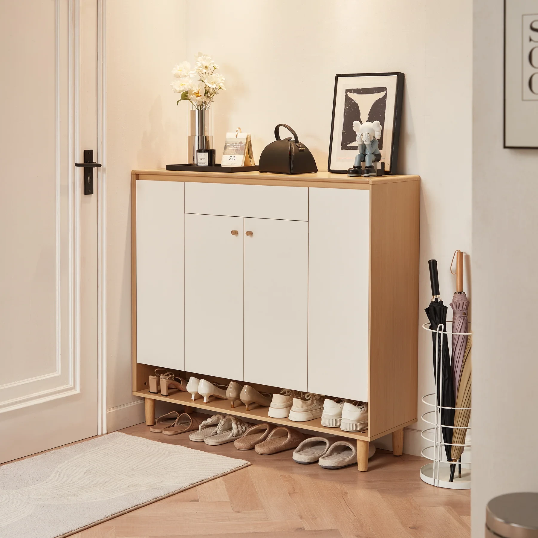 Multi-Size Shoe Cabinet - Kontar/MDF - White & Beige-SHC-109