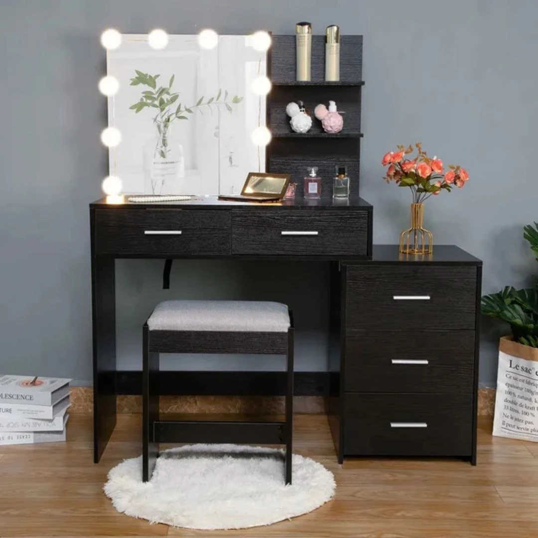 Vanity with Mirror and Seat - White / Black