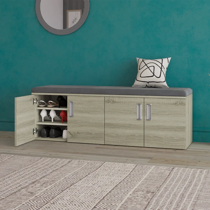 Wooden Bench Shoe Cabinet - Wooden Color with Navy Fabric-SHC-112