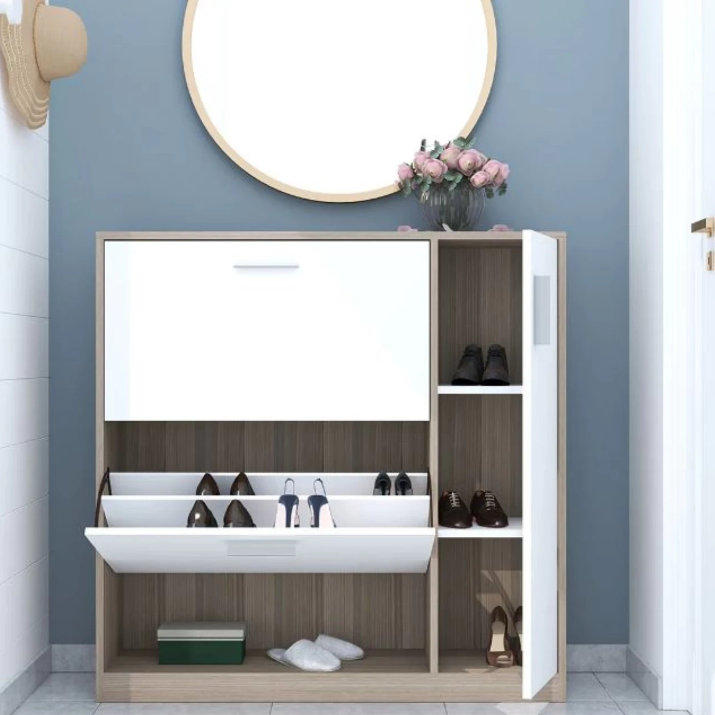 Shoe Cabinet - White & Beige - 110×35×110 cm-SHC-067