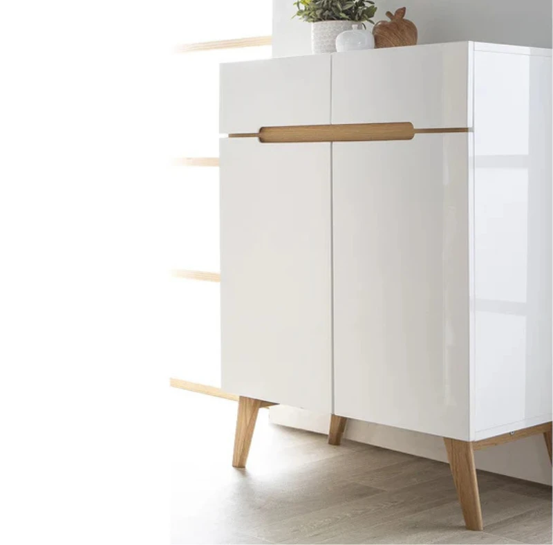White Shoe Cabinet with Beige Accents and Beech Wood Legs - 80×35×100 cm-SHC-117