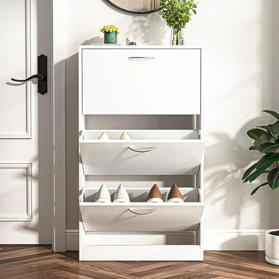 English: White Shoe Cabinet , 3 Flip Doors-SHC-118