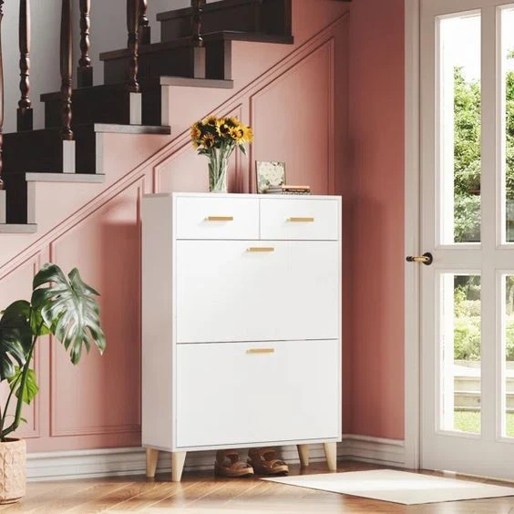 White Shoe Cabinet with Beige Legs and Handles-SHC-119