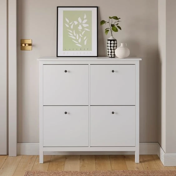 Elegant White Shoe Cabinet with 4 Flip Doors and Black Button Handles-SHC-121