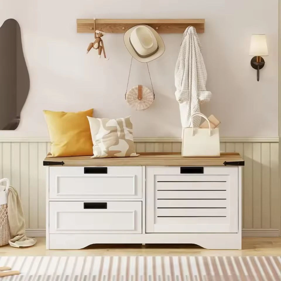 Elegant and Practical Bench Shoe Cabinet in White and Wood - 105 cm-SHC-122