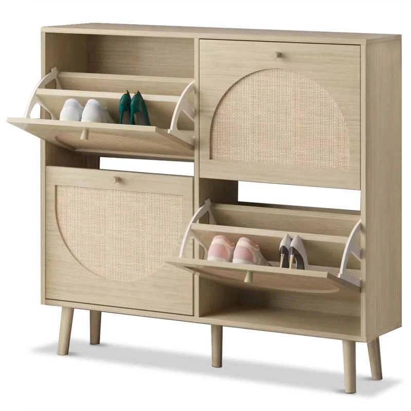 Beige Shoe Cabinet with 4 Flip Doors - 105x25x100 cm
