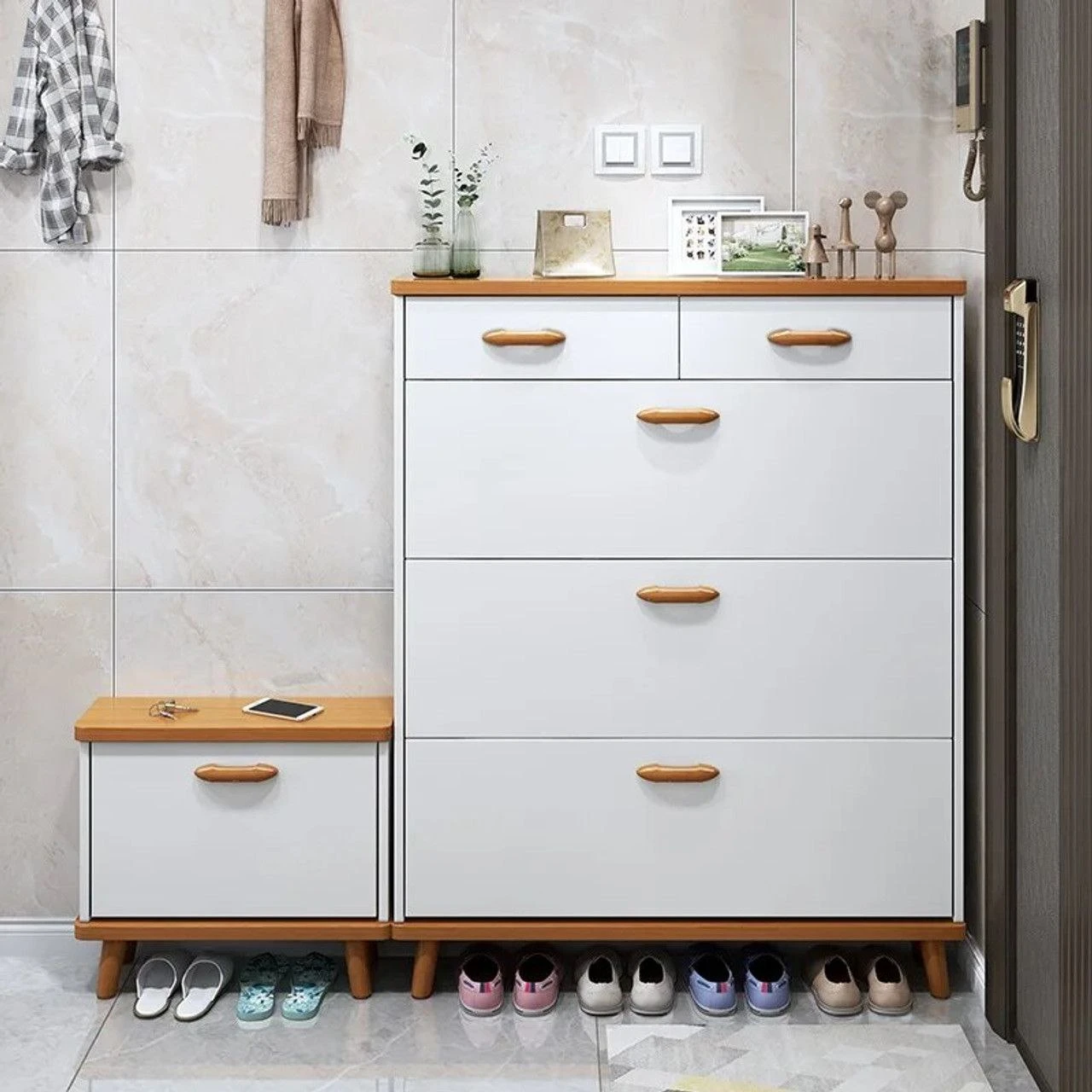 Shoe Cabinet with Bench – White & Beige – 3 Flip Doors + 2 Drawers-SHC-124