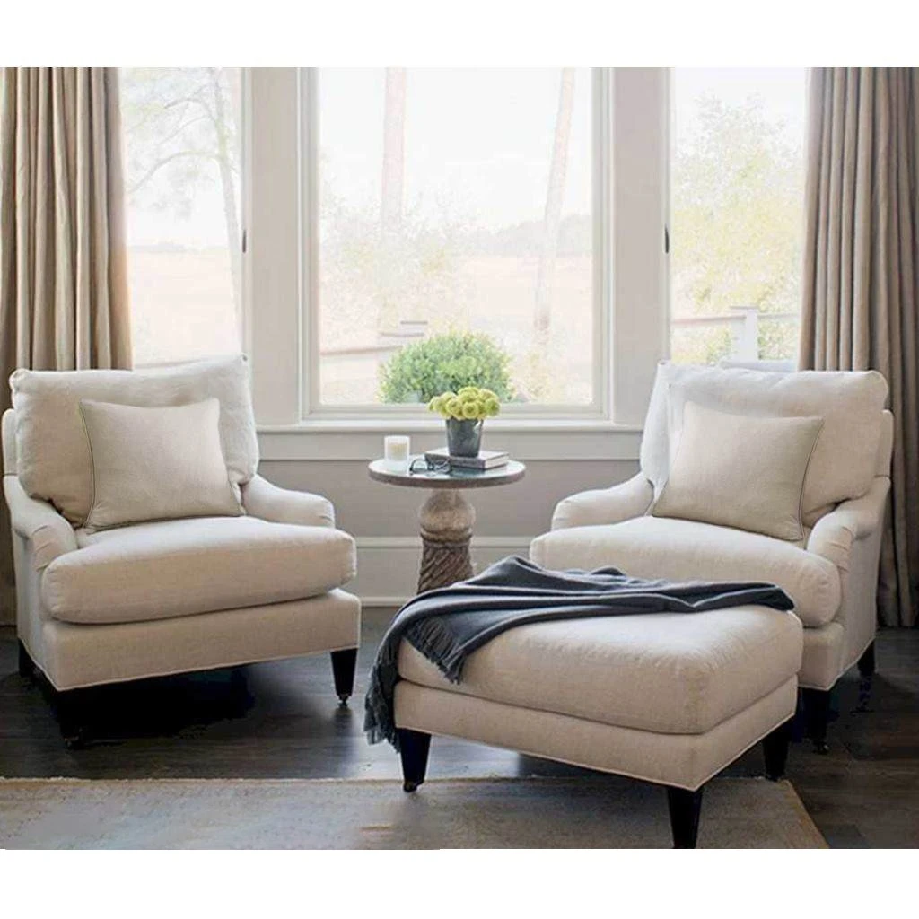 Two Chairs and a Bench - Beige - Linen Fabric & Beech Wood