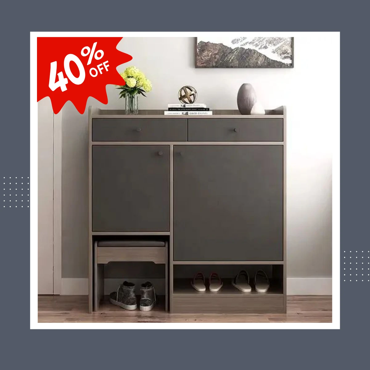 Shoe Cabinet - Beige and Gray with Leather Seat - 100×120×35 cm - SHC-014