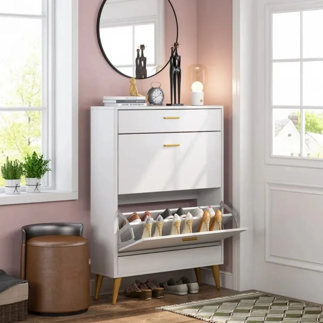 White Shoe Cabinet – 2 Flip Doors + Drawer – 80×120×30 cm-SHC-135